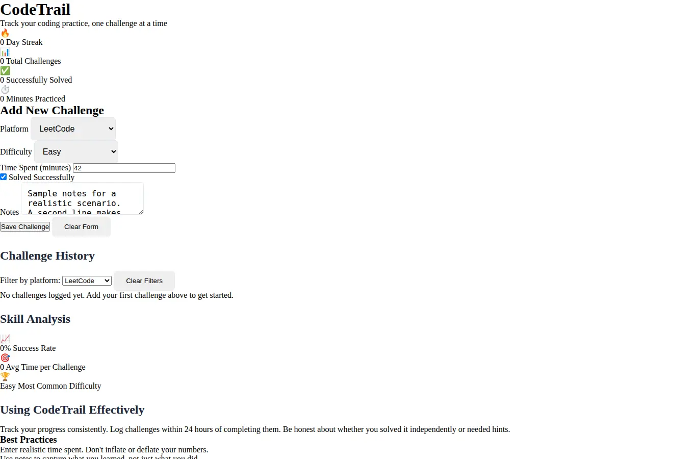 Screenshot of CodeTrail: Coding Challenge Tracker interface showing the project page in use